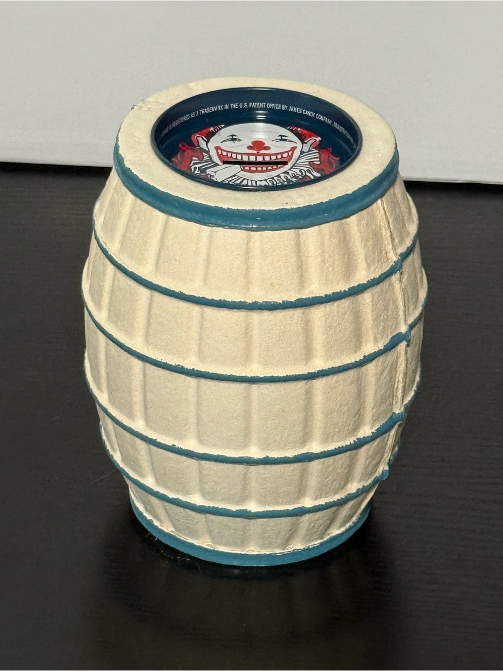 VTG Paper Mache Barrel Bank with Metal Cover with a Clown from James Candy Co.